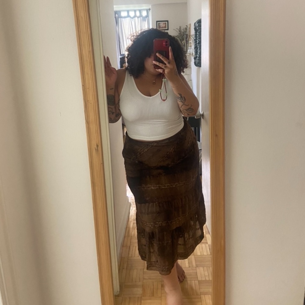 Gorgeous vintage brown coquette ribbon abstract midi skirt, size XL/XXL